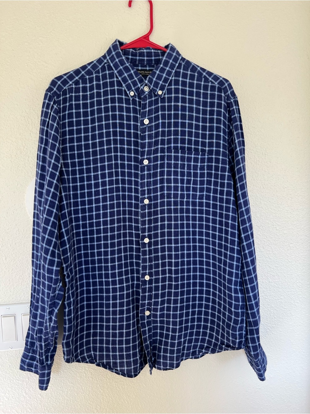 Men's Banana Republic Blue Linen Plaid Button-Down Shirt
